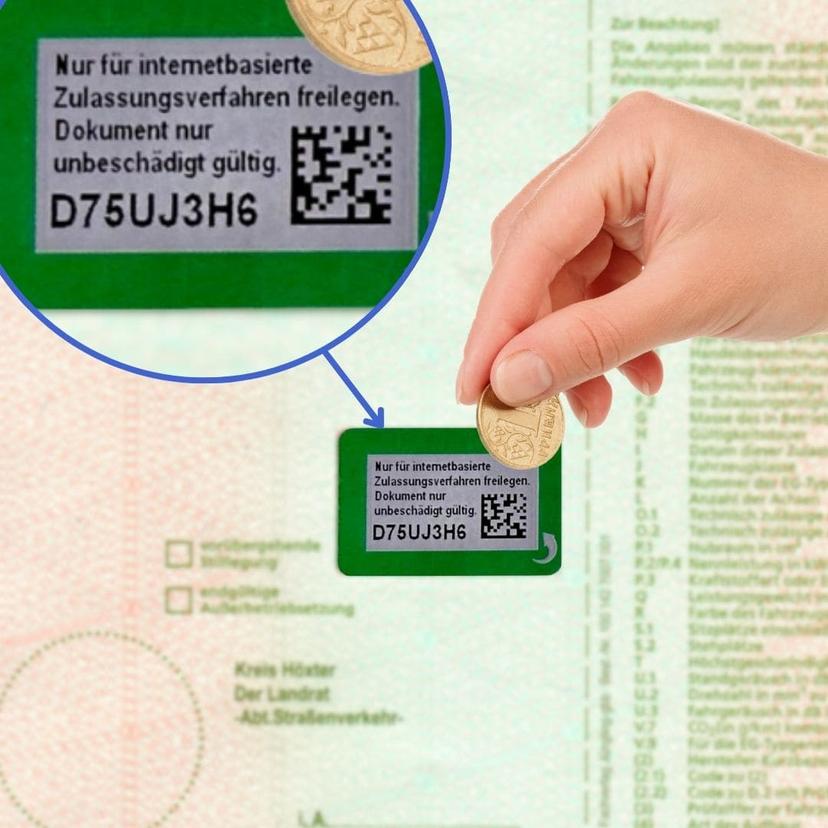 Im Fahrzeugschein befindet sich eine grüne Plakette mit einem Sicherheitscode, den man für den 7-stelligen Sicherheitscode freikratzen muss.