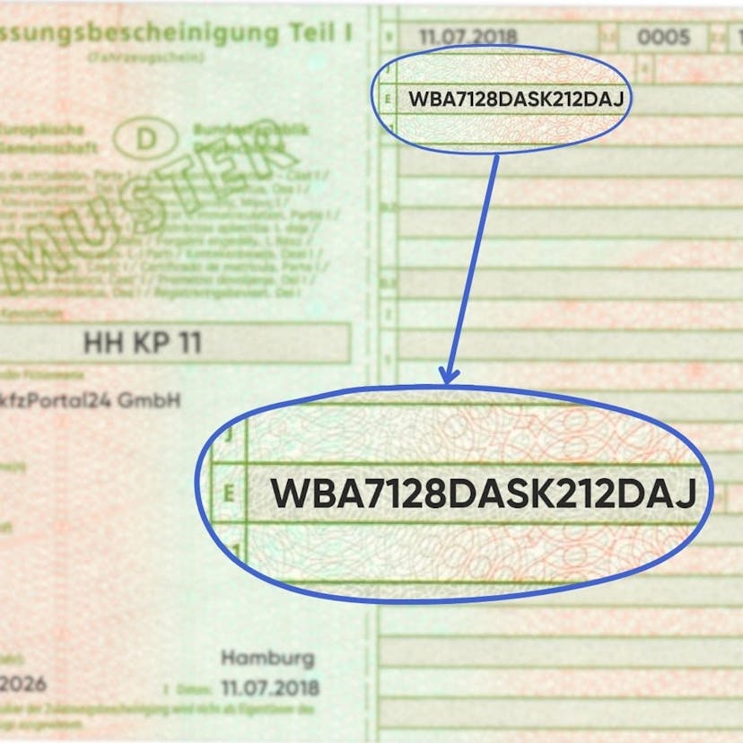 Die Fahrzeugidentifizierungsnummer auch FIN genannt, findet man in der Zulassungsbescheinigung Teil 1 unter dem Buchstaben E